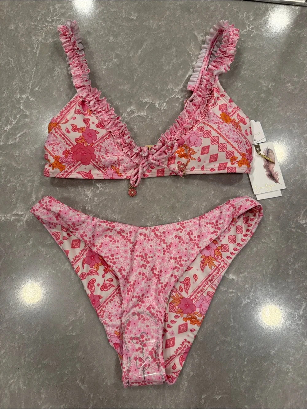 Jessica Simpson Reversible Pink White Floral Ruffle Bikini Set XS NWT